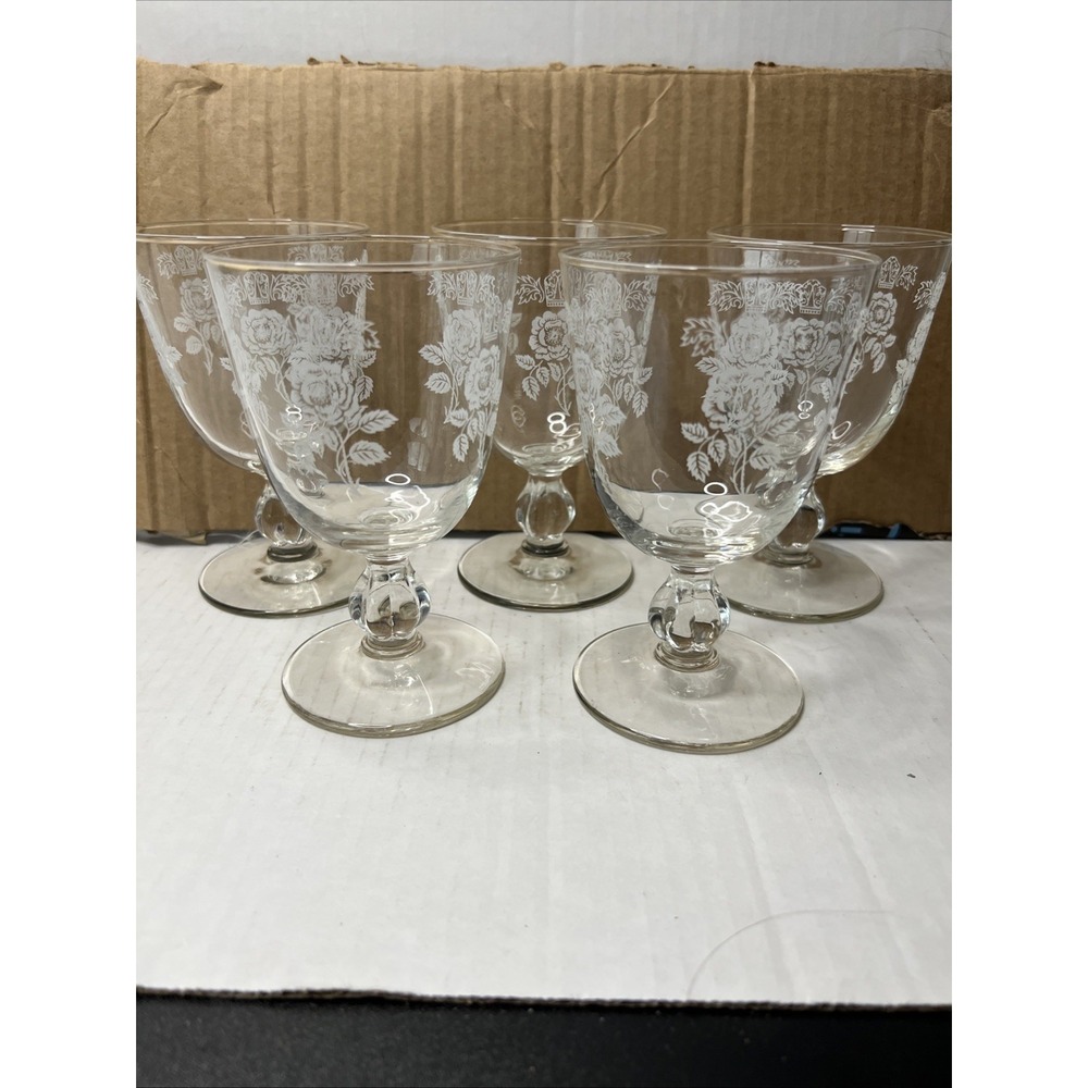 Set Of 5 Libby WHITE ROSE AND CROWN Water Goblet 10 oz